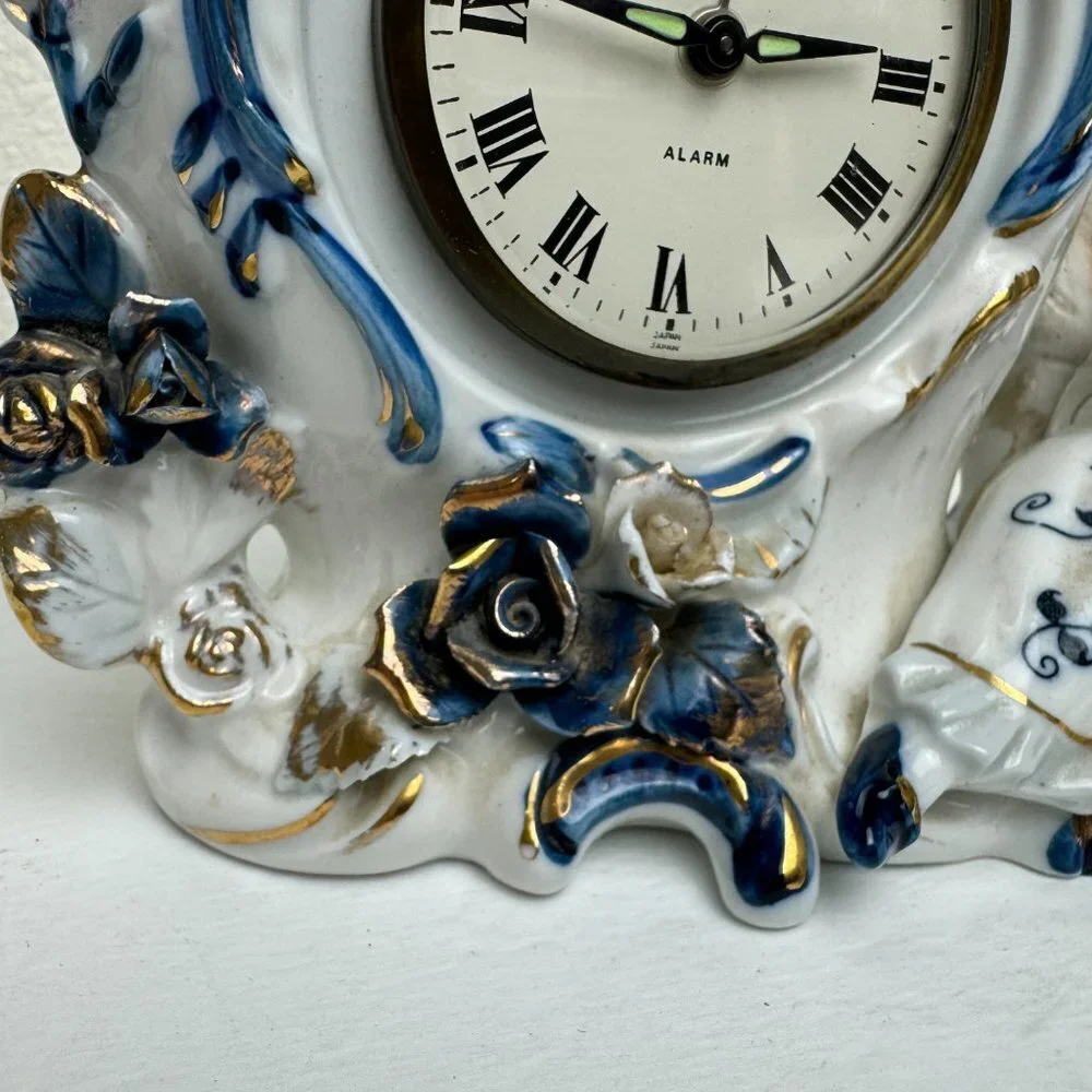 Vintage  Victorian Porcelain Figurines Blue & White & Gold Alarm Clock